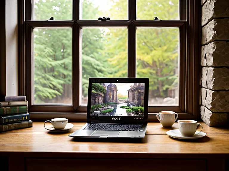 Laptop und Teetasse auf einem hellen Holztisch am Sonntagnachmittag