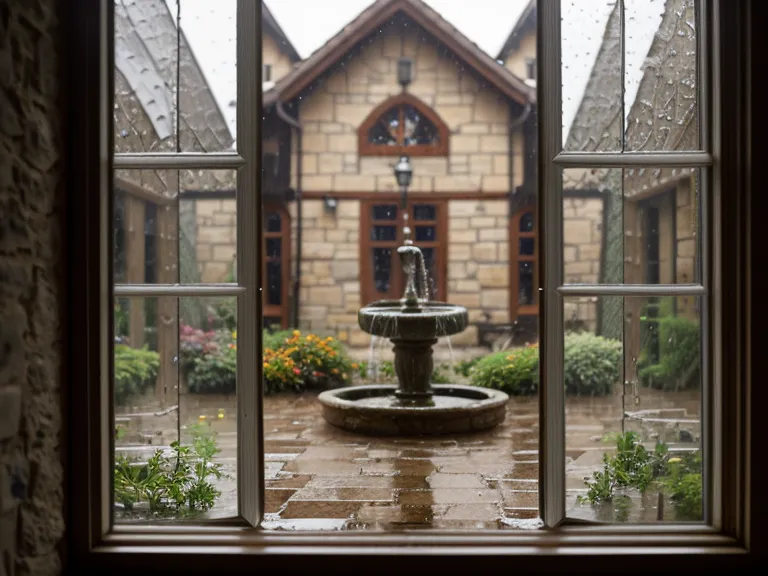 Blick vom Küchenfenster auf den Steinbrunnen im Hinterhof – ruhiger Moment im Altersteilzeit-Alltag