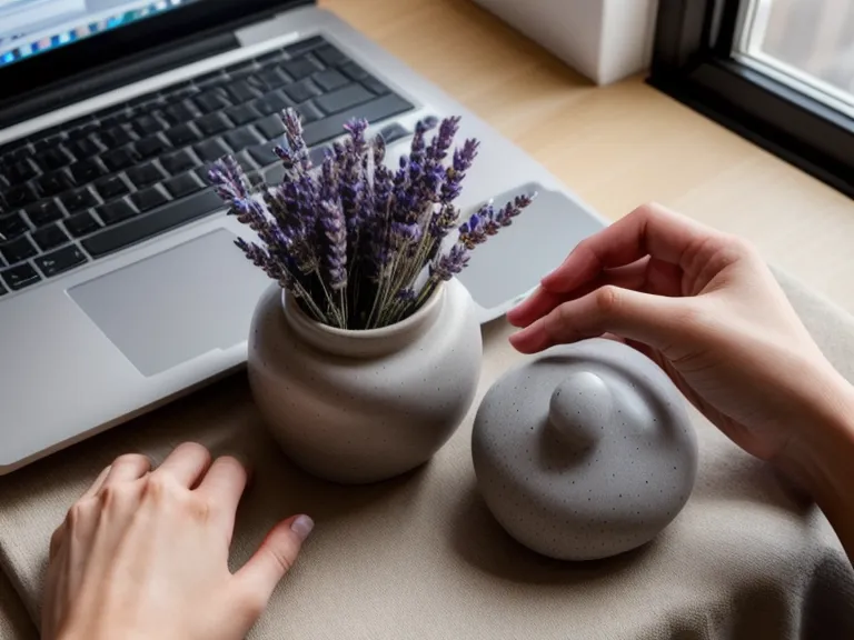 Eine Hand am Laptop neben einem Donaustein und Lavendel, die sanfte digitale Arbeit symbolisierend.