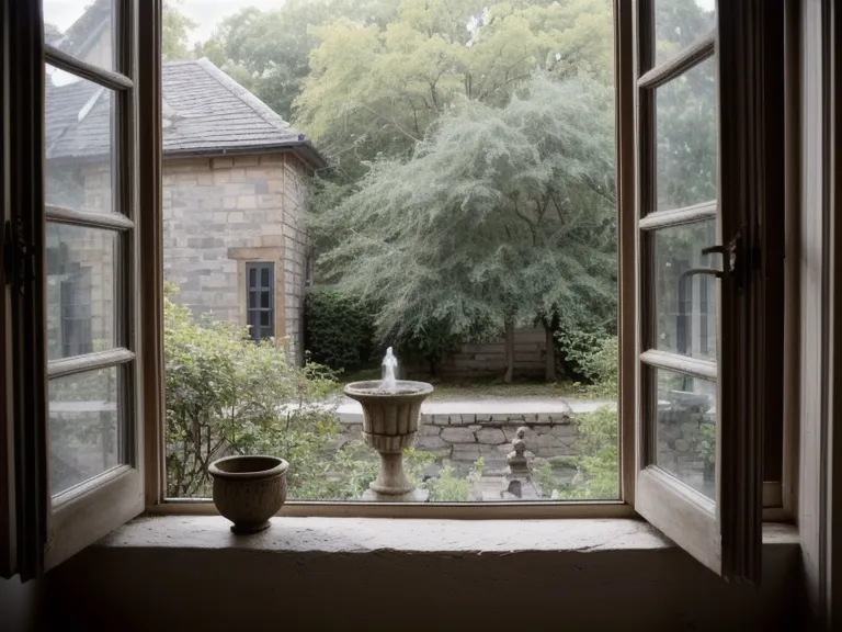 Blick aus dem Fenster auf einen Steinbrunnen im Hinterhof mit alten Schulheften auf dem Sims.