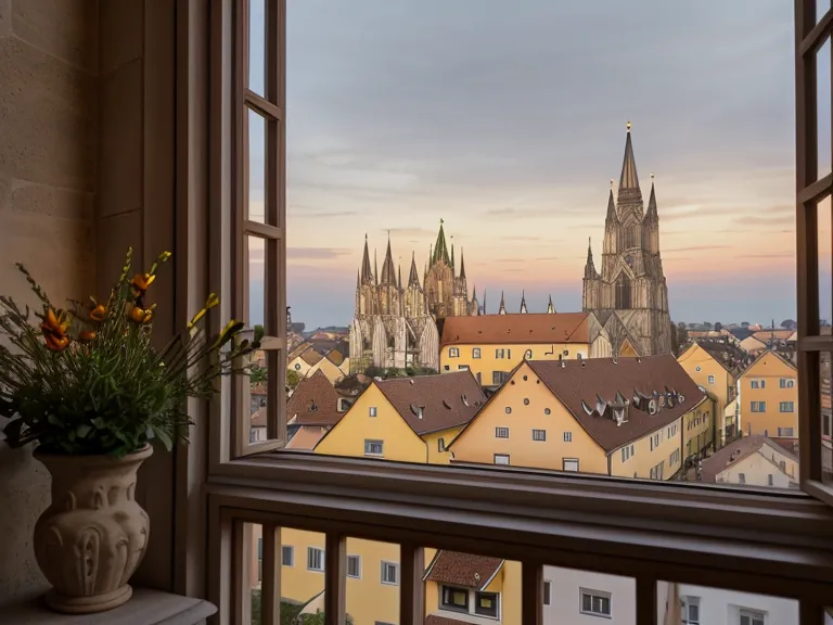 Blick aus dem Fenster in der Regensburger Altstadt auf die Domspitzen im Abendlicht, Sinnbild für einen stillen Zahlen-Code Sonntag ohne Muster